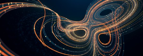 Die computergenerierte Illustration zeigt orangene Linien verschiender Abstufungen, die ähnlich einer Möbius-Schleife verlaufen.